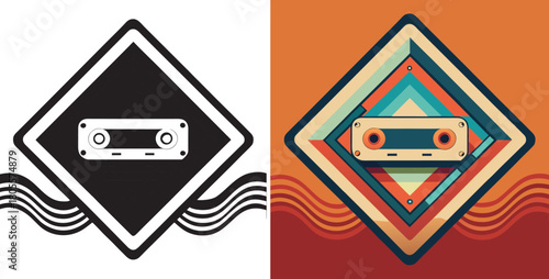 Retro cassette tape art with vibrant concentric diamond shapes and wavy lines evokes nostalgic music memories and analog sound