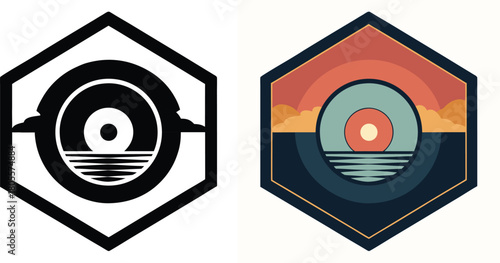 Vibrant retro sunset design with waves and geometric sun, perfect for branding and apparel.