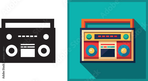 Vibrant retro boombox blasting tunes with vintage audio style, perfect for nostalgic playlists and music event promotions