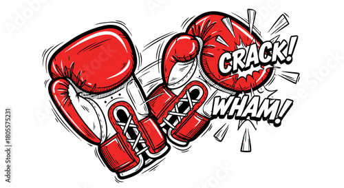 Red boxing gloves with comic sound effects of impact  