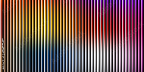 Glass ripple texture with dark gradient background and vivid orange, blue, and lilac light streaks. Futuristic distortion, moody abstract glow, reeded vertical blur. Vector illustration