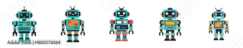 Robot Vector Set Flat Design Retro Cute Colorful Robots Collection