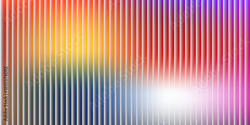 Glass ripple texture with dark gradient background and vivid orange, blue, and lilac light streaks. Futuristic distortion, moody abstract glow, reeded vertical blur. Vector illustration