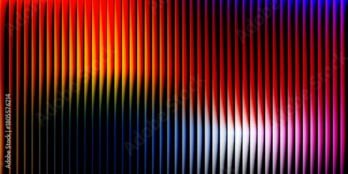 Glass ripple texture with dark gradient background and vivid orange, blue, and lilac light streaks. Futuristic distortion, moody abstract glow, reeded vertical blur. Vector illustration