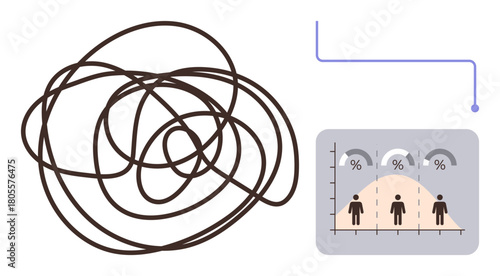 Tangled lines representing confusion alongside statistical analysis chart and graph. Ideal for problem-solving, data analytics, process improvement, complexity, decision-making, strategy