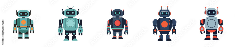 Naklejka premium Robot Vector Flat Design Futuristic Humanoid Cute Mechanical Bot Set