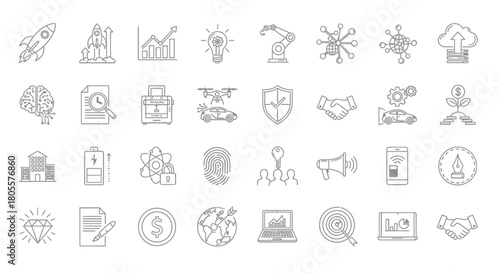 Collection of Business and Technology Icons Representing Innovation and Growth 1. Vector Illustrations. EPS Editable