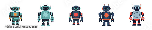 Robot Vector Flat Design Futuristic Humanoid Cute Mechanical Bot Set