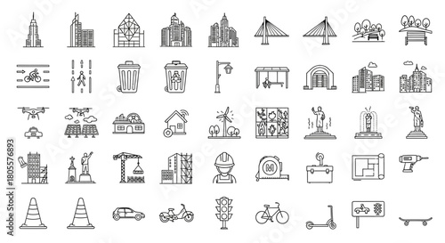 Collection of City and Urban Icons Representing Various Elements. Vector Illustrations. EPS Editable