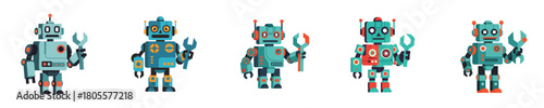 Robot Vector Retro Flat Design Maintenance Mechanical Worker Repair Bot Set