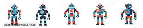 Retro Colorful Flat Robot Characters Set – Vintage Sci Fi Vector Illustrations