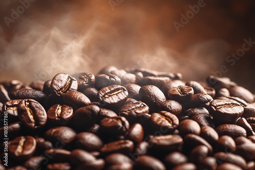 Roasted coffee beans creating a warm, aromatic steam, highlighting freshness and rich flavor. Close-up view with soft lighting