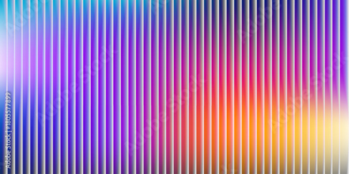 Glass ripple texture with dark gradient background and vivid orange, blue, and lilac light streaks. Futuristic distortion, moody abstract glow, reeded vertical blur. Vector illustration