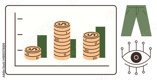 Stacked coins on bar chart symbolize economic growth, paired with eye denoting technological insight and green pants hinting sustainability. Ideal for business, finance, technology, vision, growth