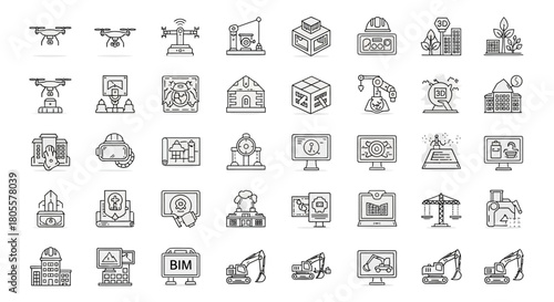 Collection of Construction and Technology Icons for Industry and Business. Vector Illustrations. EPS Editable