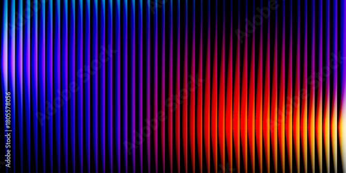 Glass ripple texture with dark gradient background and vivid orange, blue, and lilac light streaks. Futuristic distortion, moody abstract glow, reeded vertical blur. Vector illustration