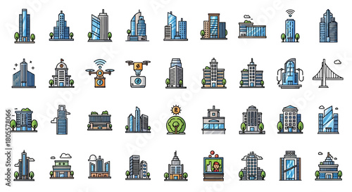 Collection of Diverse Architectural Building Icons Representing Cityscapes and Landmarks. Vector Illustrations. EPS Editable