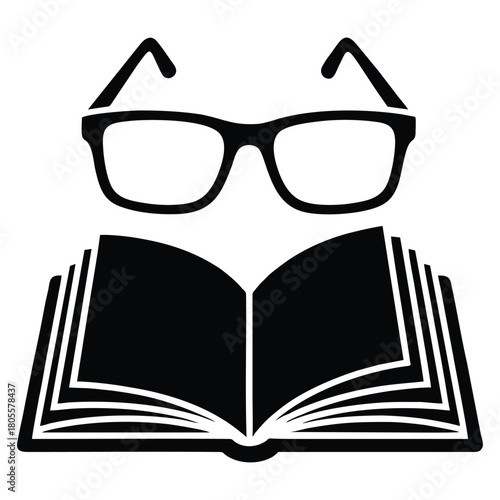 Open book with glasses represents learning, education, knowledge, and reading