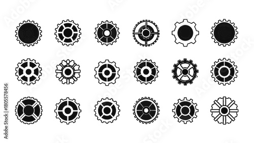 Vector illustration of collection of grunge style outline gears and cogs, representing engineering, industry, and mechanical parts, isolated on white on transparent background