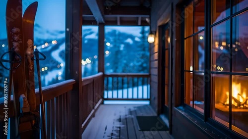 Ski resort at dusk, cozy cabin with fireplace, winter scenery. Ideal for travel, holiday, ski season promos, or illustrating relaxation, lifestyle, adventure, and mountain retreats.