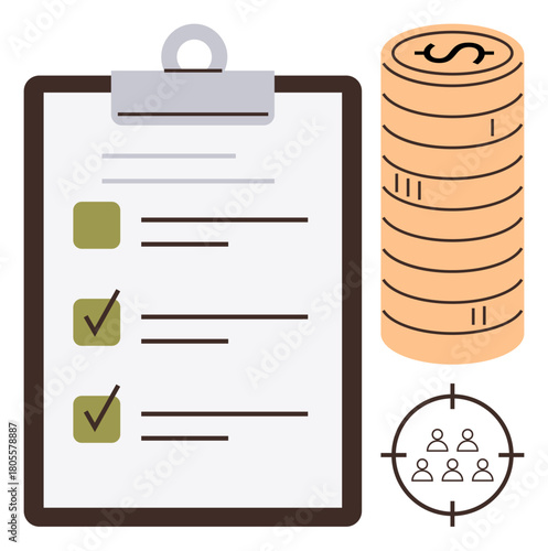 Checklist clipboard, coin stack, and group in a target. Ideal for finance, goals, productivity, planning, budgeting focus organization. A simple flat metaphor for efficiency