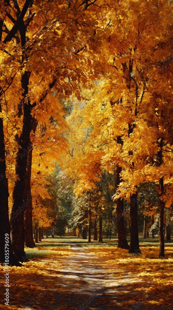 Naklejka premium Golden carpets: a symphony of autumn leaves covering majestic forest floors. Adventure poster. Sun-kissed autumn: luxurious leafy blankets in vibrant forest colors. Movie artwork.