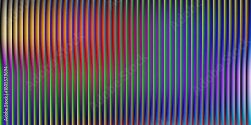 Glass ripple texture with dark gradient background and vivid orange, blue, and lilac light streaks. Futuristic distortion, moody abstract glow, reeded vertical blur. Vector illustration