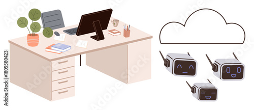 Organized desk setup with computer, books, and plant, alongside cloud and AI robots. Ideal for technology, artificial intelligence, office workspace, productivity, digital innovation remote work