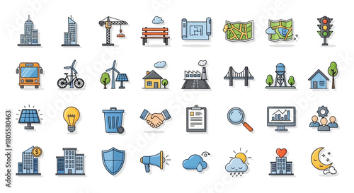 Collection of Diverse Icons Representing Urban Life and Services. Vector Illustrations. EPS Editable