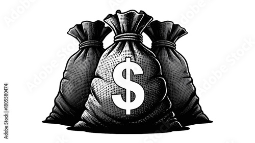 Vector illustration of three black and white money bags with a dollar sign, symbolizing wealth, finance, and investment, isolated on white on transparent background