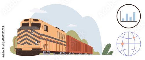 Freight train on track moving cargo, bar chart and globe network link trade, business, data, global connection, transportation, logistics, progress. Ideal for shipping economy supply chain