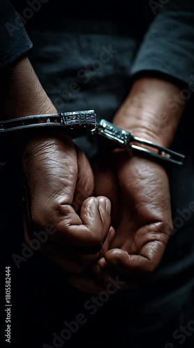 Close up view of clenched hands tightly bound by metal handcuffs behind a back