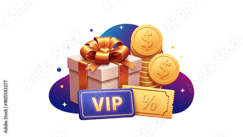 Exclusive member reward concept with a prize box, golden coins, and a VIP card vector illustration