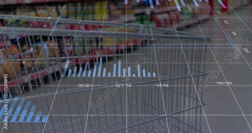 Shopping cart rolling past blurred shelves, HUD PD label rotating out and revealing pie, bar charts