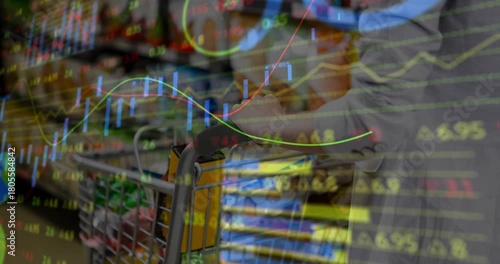 Shopper starting push, moving cart past grocery shelves, shopping while finance charts overlaying