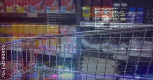 Camera pushing cart forward, AR graphs rising across aisle, visualizing retail data analytics