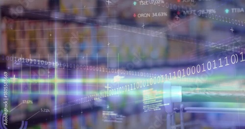 Shopping cart handle being pushed, AR data streaming across shelves and scanning inventory labels