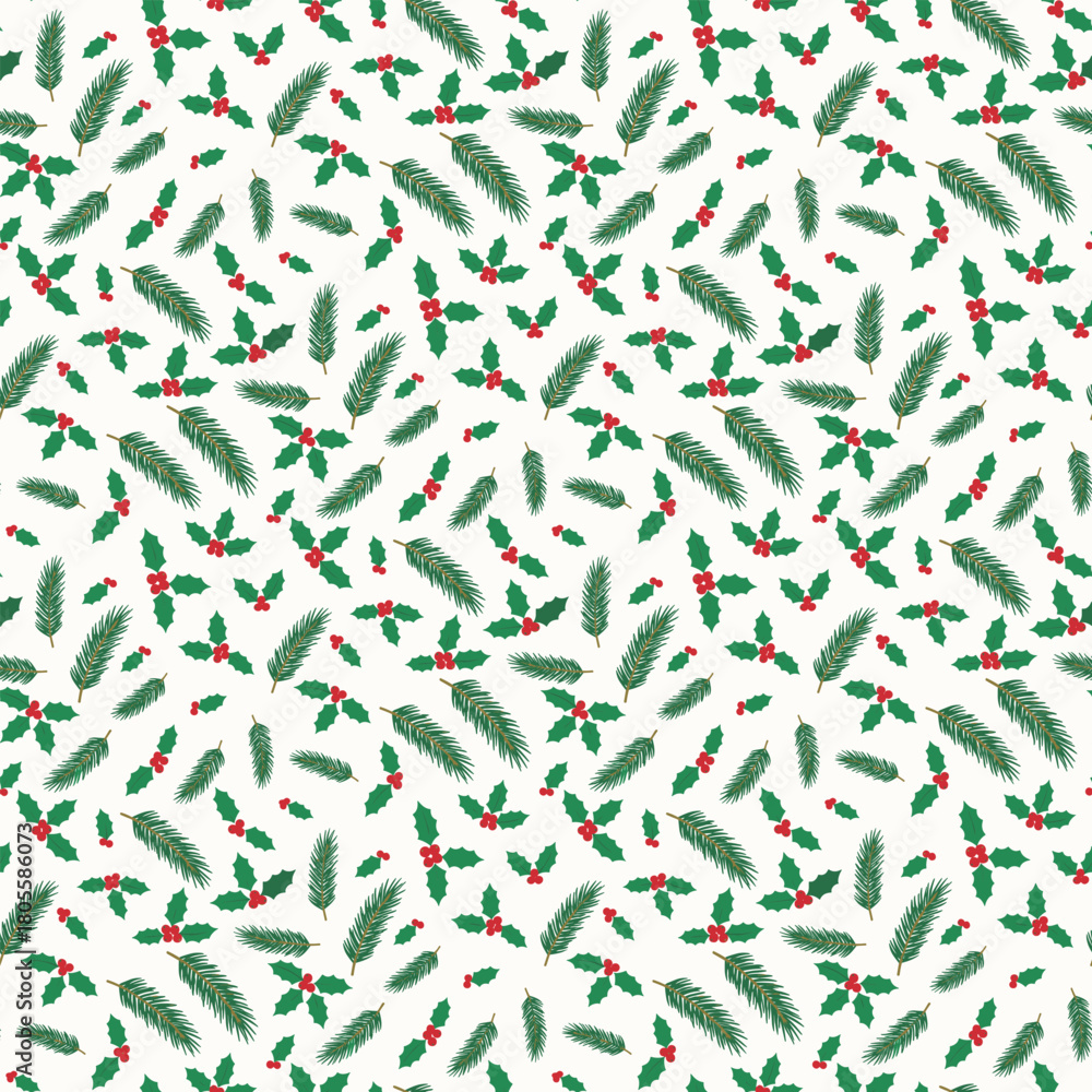Fototapeta premium Festive Christmas pattern vector. Seamless botanical pattern with holly, berries, and pine. Holiday Winter Nature Wildlife Design.