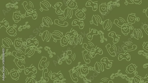 A dynamic background animation of sketched technology and nature icons flowing across a subtle green backdrop