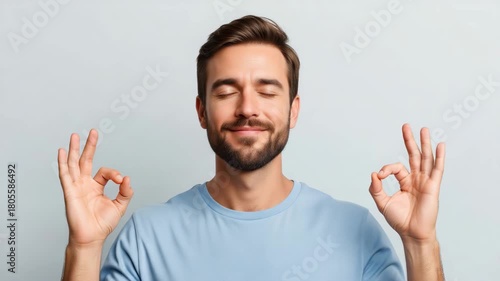 Man Meditating With Eyes Closed And Fingers In Mudra Gesture meditation yoga