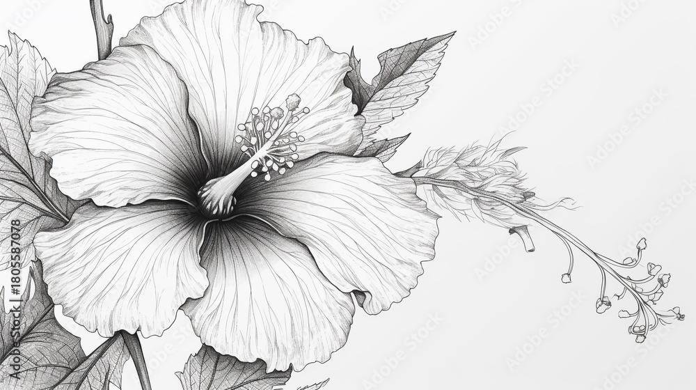 Fototapeta premium Detailed pen and ink drawing of a blooming hibiscus flower isolated on white background, showcasing the intricate beauty of natures floral design