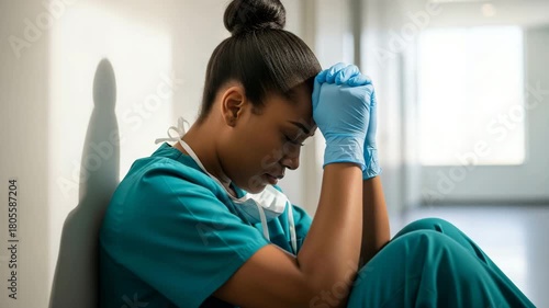 Stressed Nurse Sitting on Floor in Hospital Corridor healthcare medical