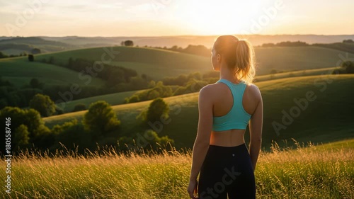 Woman looking at sunset over rolling hills sunrise landscape