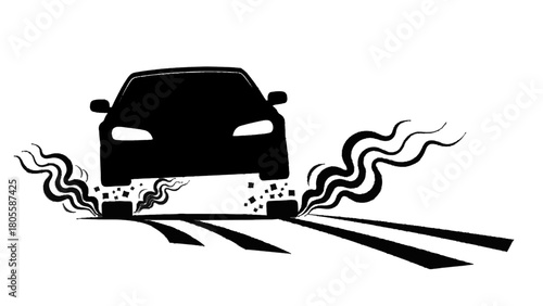 Vector illustration of black silhouette of a car speeding or drifting with smoke and tire tracks, representing power, race, and motion, isolated on white on transparent background