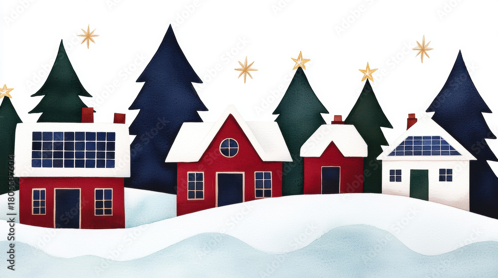 Obraz premium Christmas village with red house snowy roof pine tree and star festive winter landscape joyful holiday scene