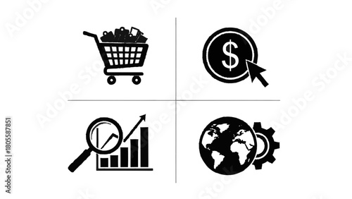 Vector illustration of ecommerce, finance, analytics, and global business icons set isolated on transparent background 