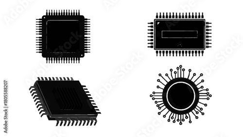 Vector illustration of set of various microchip and processor icons representing technology isolated on transparent background 