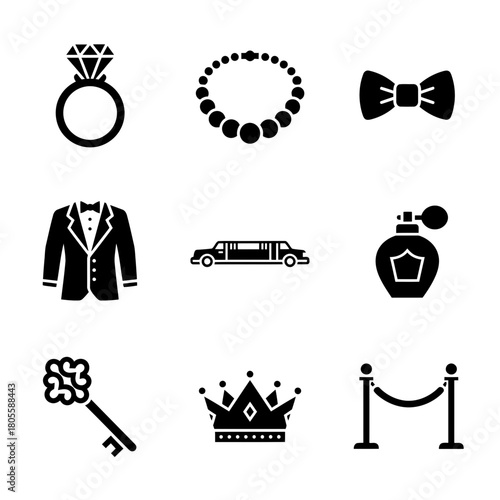 Icon set of luxury items and formal attire in monochrome style  