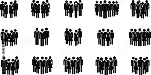 Black and white vector icons of diverse groups of people