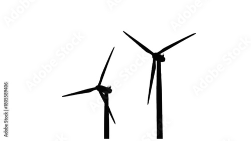Vector illustration of silhouette of two wind turbines, symbolizing renewable energy and sustainable power, isolated on transparent background 